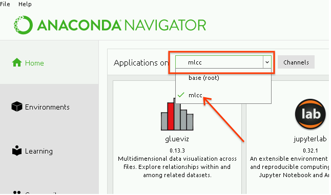 Capture d&#39;écran d&#39;Anaconda Navigator avec la vue &quot;mlcc&ml3&quot; (mlcc) dans le menu déroulant &quot;Environnement&quot;