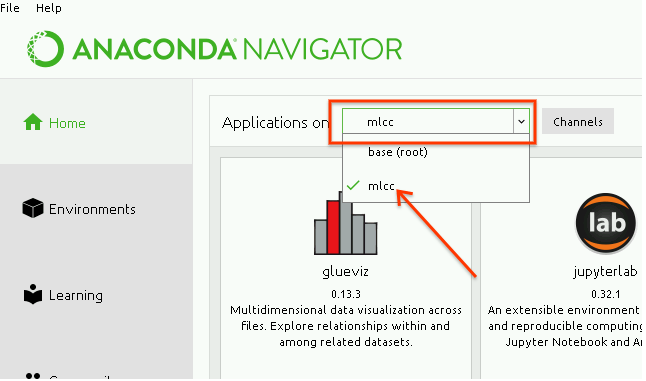 لقطة شاشة لنافذة Anaconda Navigator (أداة التنقّل باستخدام يحتوي على &#39;mlcc&#39; مُحدَّدة من القائمة المنسدلة الخاصة بالبيئة)
