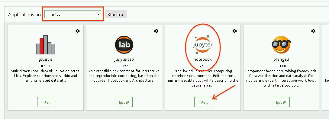 Screenshot Anaconda Navigator, dengan panah menunjuk ke tombol &#39;install&#39; untuk Jupyter