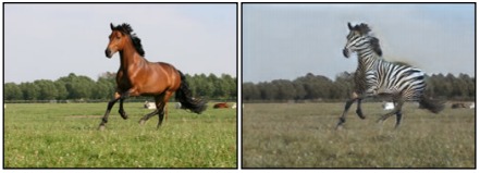 Una imagen de un caballo corriendo y una segunda imagen que es idéntica en todos los aspectos, excepto que el caballo es una cebra.