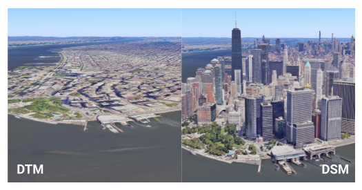 Eine 3D-Karte, die den Unterschied zwischen dem digitalen Geländemodell (DGM) und dem digitalen Oberflächenmodell (DOM) zeigt.