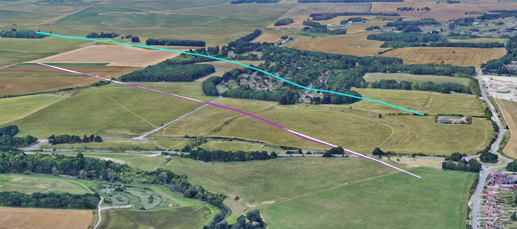 Un mapa en 3D que muestra varias líneas de colores (blanco, azul, púrpura, naranja) sobre un terreno relativamente plano, en el que se destacan artefactos visuales en los que las líneas desaparecen en el suelo.