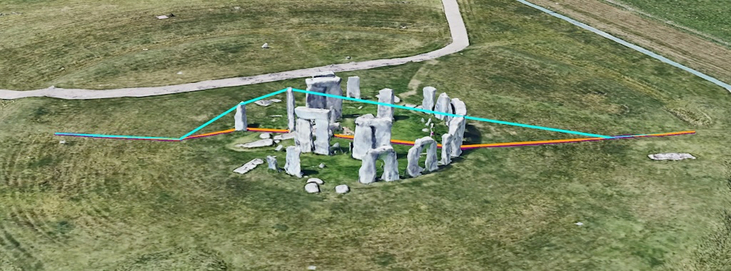Una mappa 3D che mostra più linee colorate (arancione, blu) intorno a Stonehenge, con le linee bianche e viola che si uniscono a causa della mancanza di dati sull&#39;altitudine.