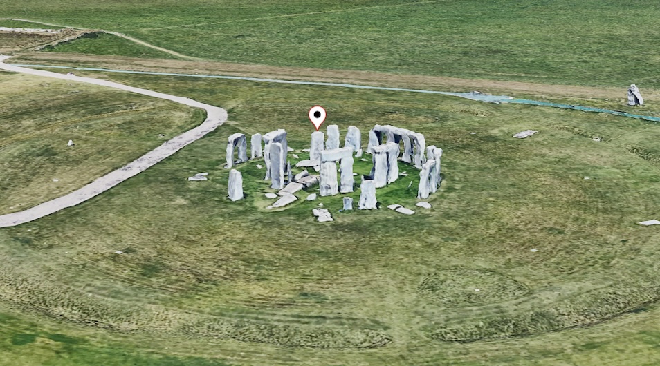Una scena di mappa 3D con un indicatore bianco, che illustra il posizionamento predefinito di un indicatore.
