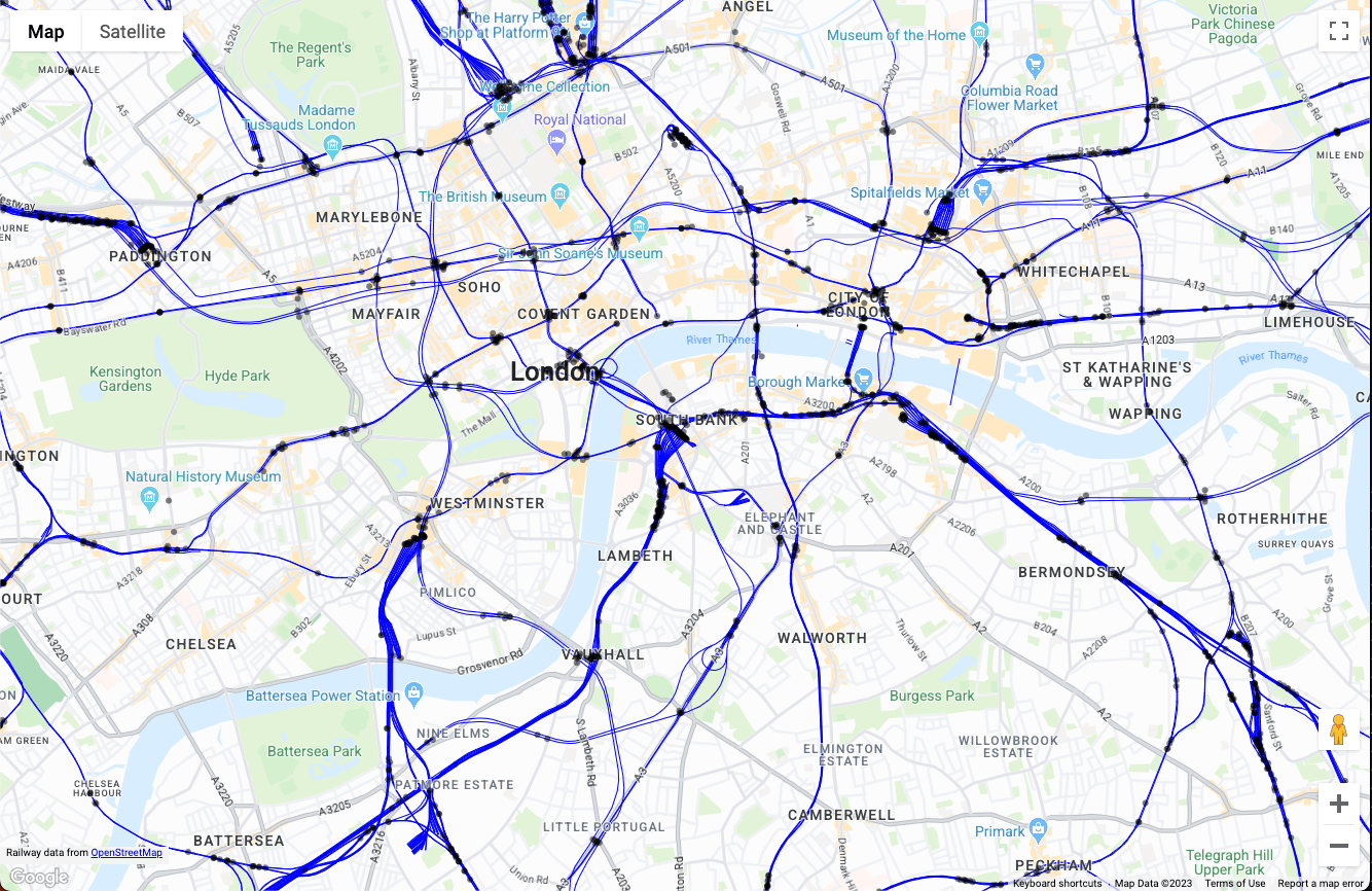 mappa della rete ferroviaria di londra