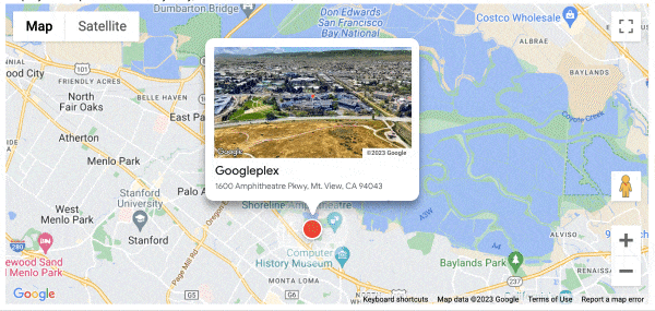 Googleplex kompleksinin havadan görüntüsünün yanı sıra bilgi kutucuğu içeren bir haritayı gösteren animasyonlu GIF. Bu kimlik kartı, imleç ilgili işaretçinin üzerine geldiğinde görünür.