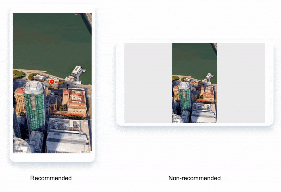 GIF แบบเคลื่อนไหวแสดงอุปกรณ์ 2 เครื่อง เครื่องหนึ่งอยู่ในโหมดแนวตั้งและอีกเครื่องอยู่ในโหมดแนวนอน อุปกรณ์ทั้ง 2 เครื่องมีวิดีโอแสดงในโหมดแนวตั้ง ขอแนะนำให้เขียนไว้ใต้อุปกรณ์โหมดภาพบุคคล แต่เราไม่แนะนำให้เขียนไว้ใต้แนวนอน