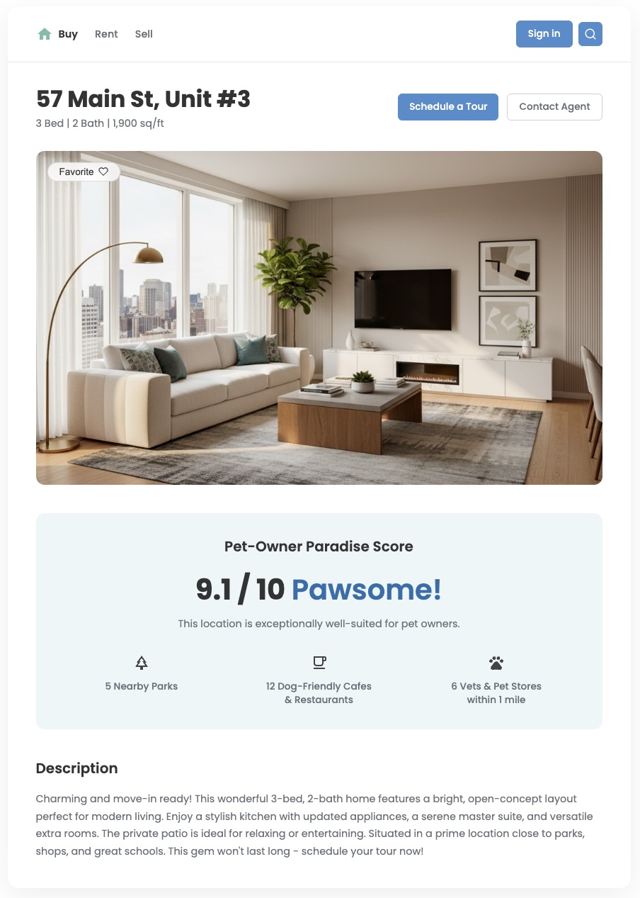 房地產資訊,顯示根據附近公園和寵物友善場所計算的自訂寵物天堂分數 9.1 分。