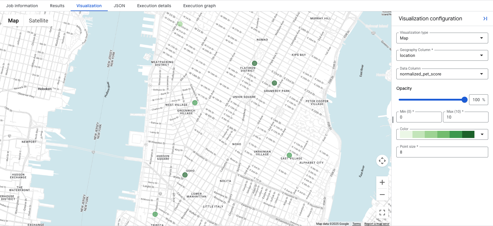 Çeşitli konumlar için normalleştirilmiş evcil hayvan puanını görselleştiren bir harita. Daha koyu yeşil noktalar daha yüksek ve daha uygun puanları temsil eder.