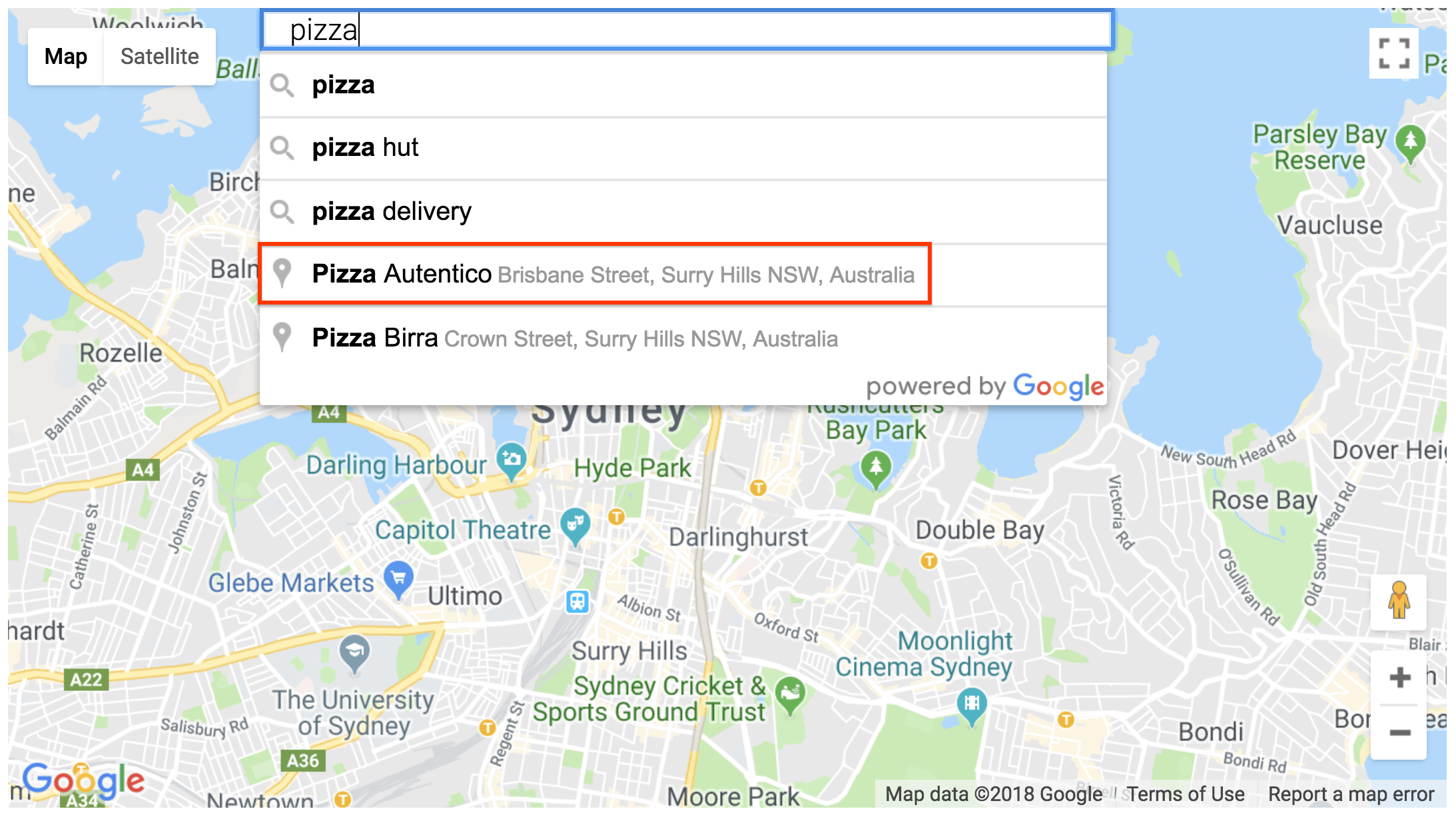 Подсказка места в виджете Place Details SearchBox