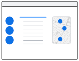 一张地图，其中显示了由文字分隔的蓝点列表，以及另一侧显示了蓝点的地图。