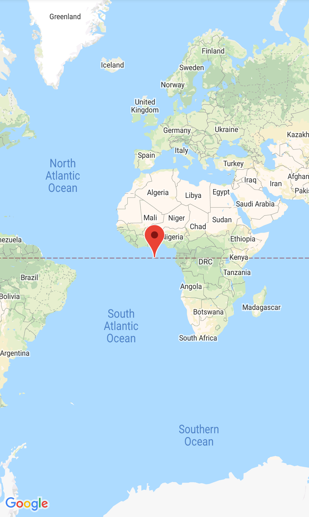 Null Adası merkezli harita ve işaretçinin bulunduğu ekran görüntüsü.