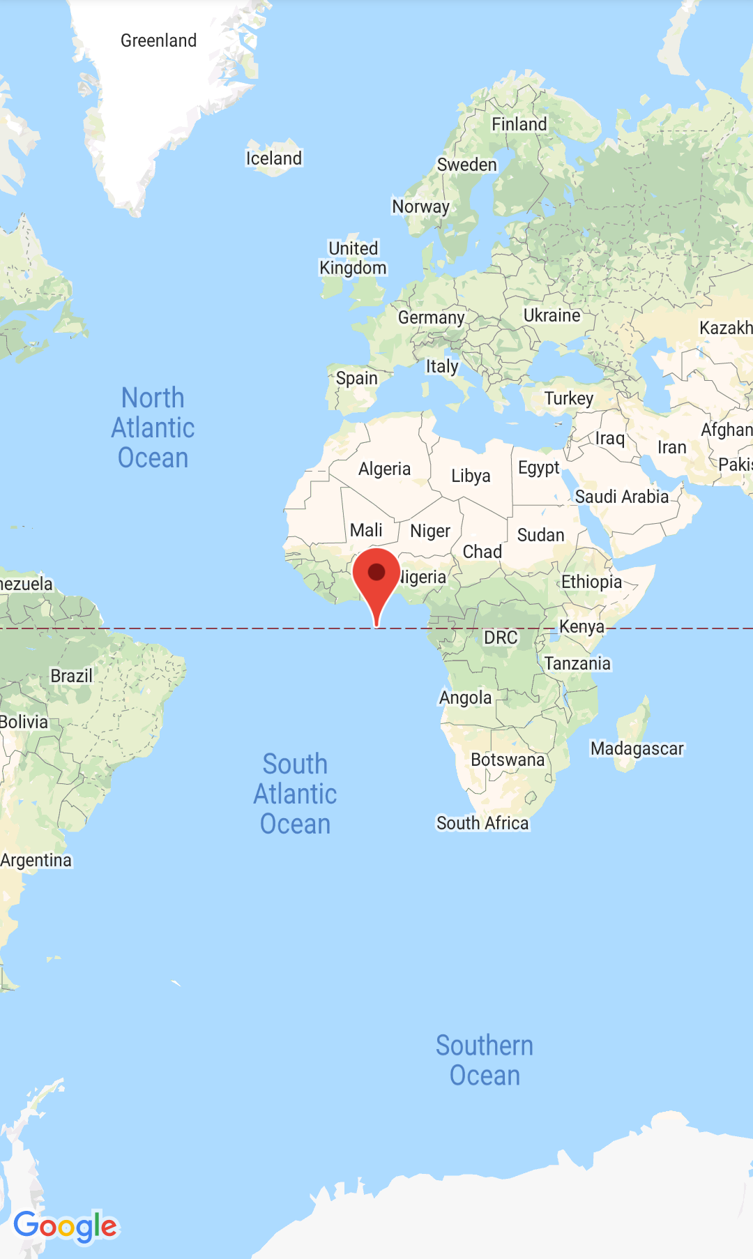 Captura de pantalla con el mapa y el marcador enfocados en Null Island.