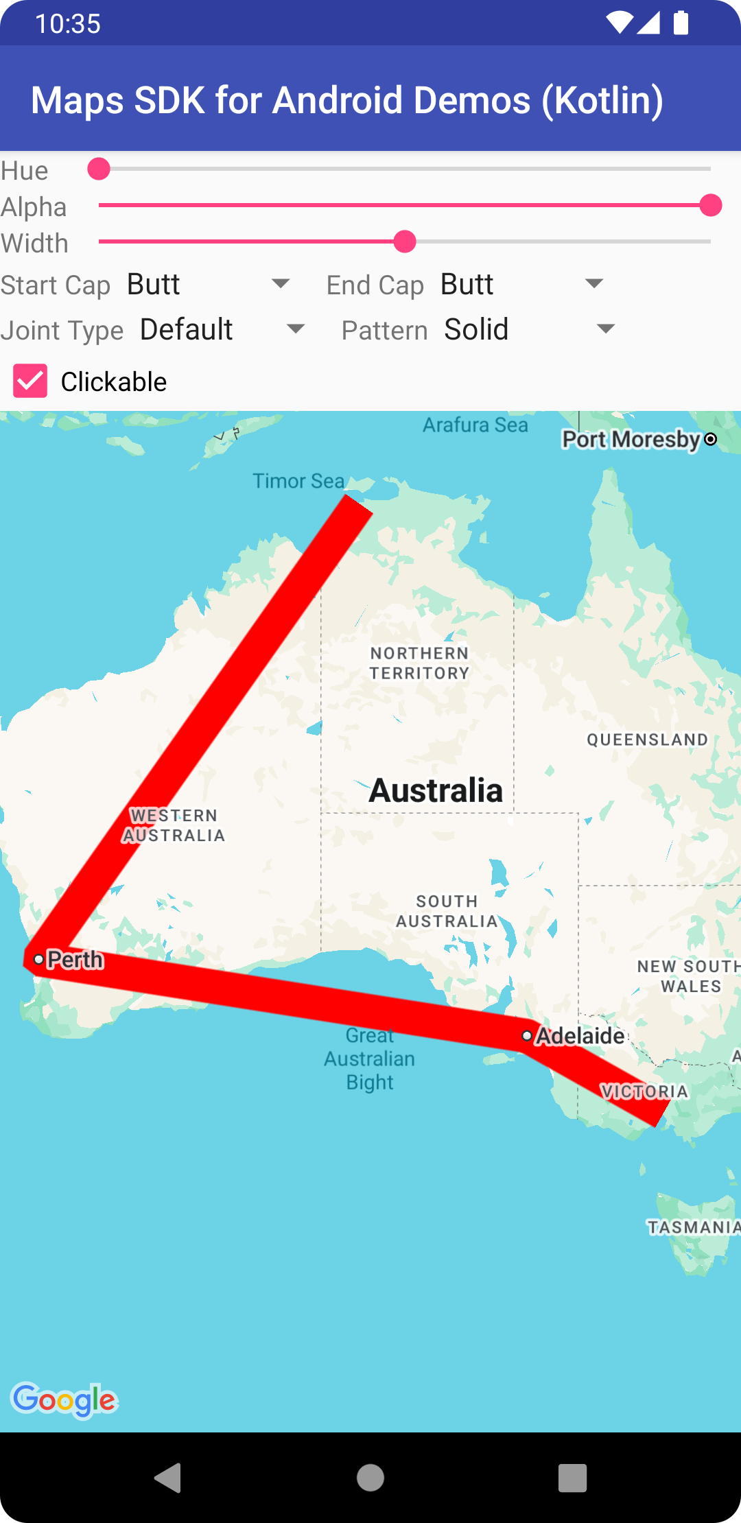 Map with a solid red polyline