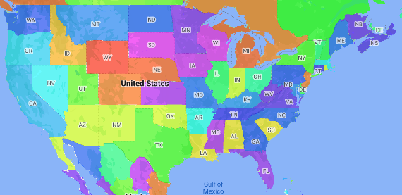 لقطة شاشة تعرض خريطة توزيعات ذات تظليل مساحي للولايات الأمريكية