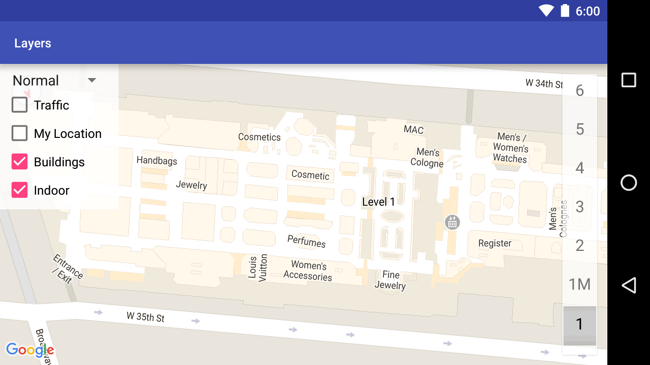 نقشه داخلی یک مرکز خرید. An indoor map of a shopping mall that shows the exits and merchandise sections.