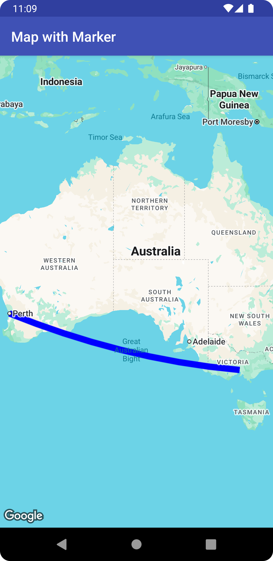 Map with a polyline from Melbourne to Perth