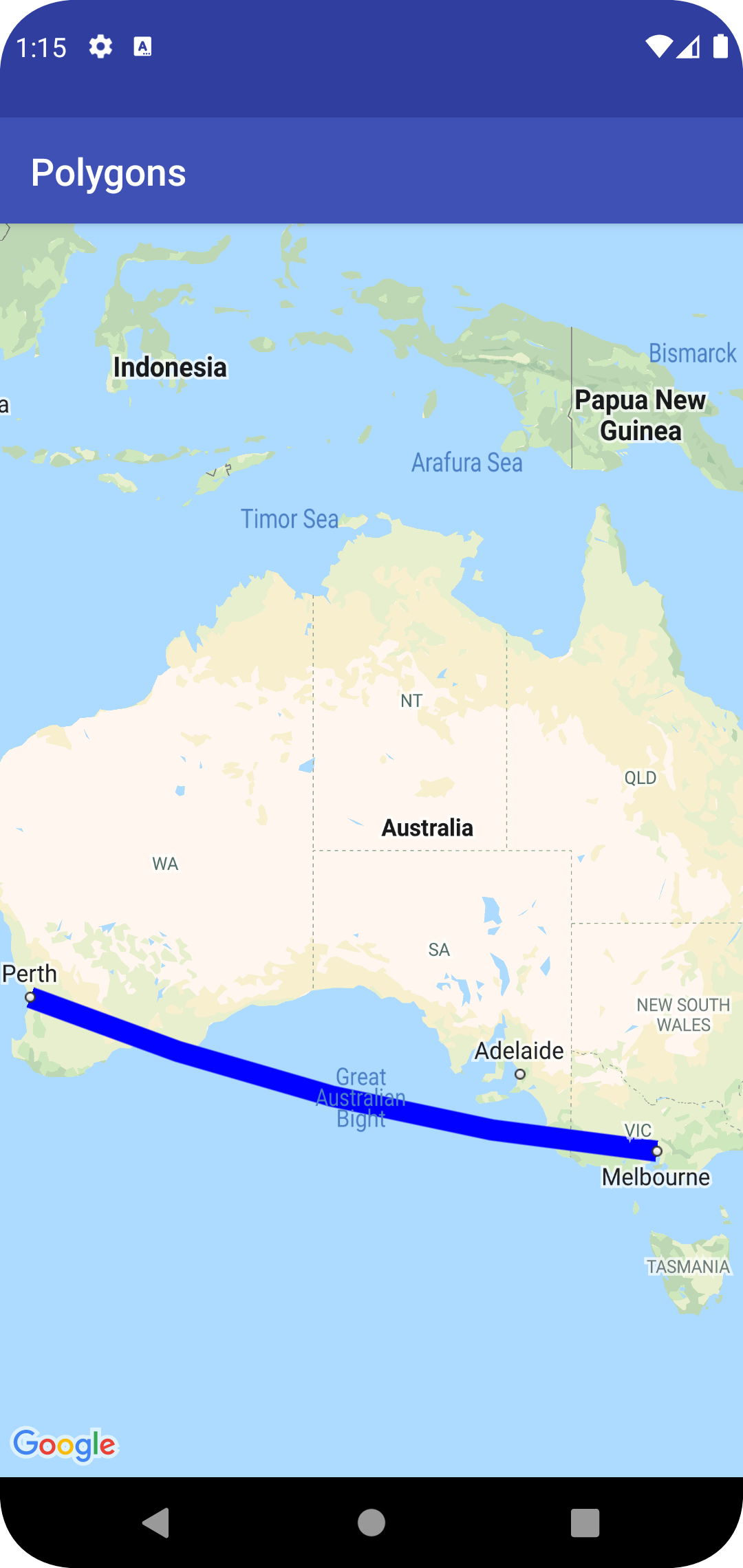 Mapa z linią łamaną z Melbourne do Perth