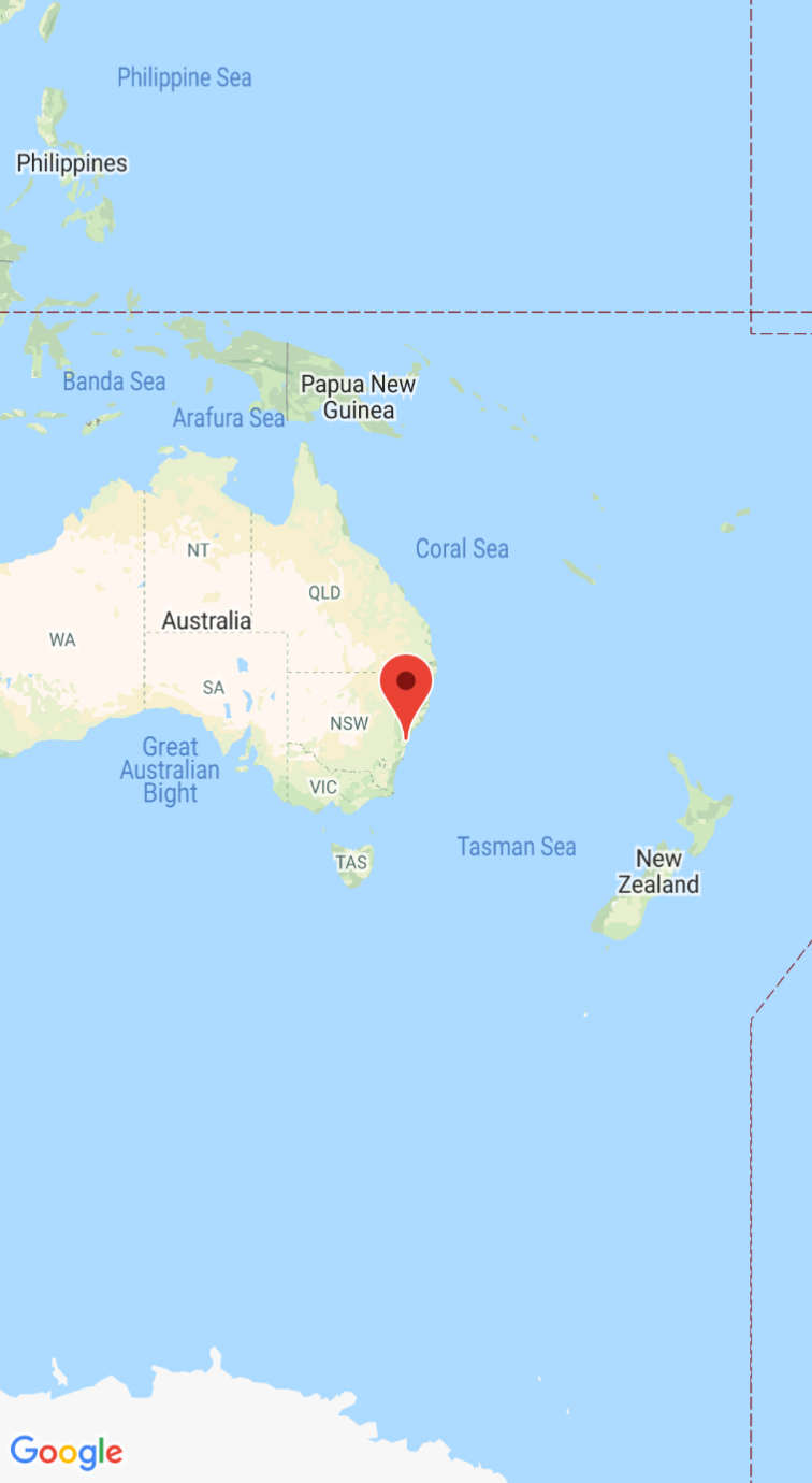 Screenshot con la mappa e l&#39;indicatore centrati su Sydney, in Australia.