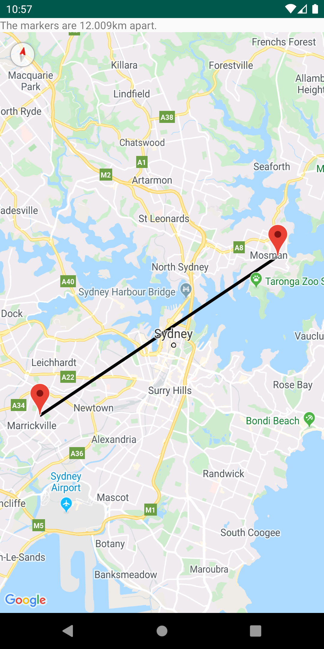 Distance calculée entre deux points sur une carte