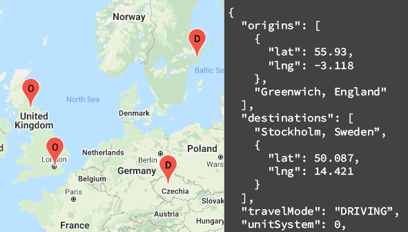 Karte mit Start- und Zielort auf einer Karte und in der API-Antwort