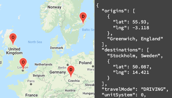 地図と API レスポンスに出発地と目的地を示す地図