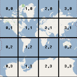 Mapa świata podzielona na cztery rzędy i cztery kolumny z kafelkami.