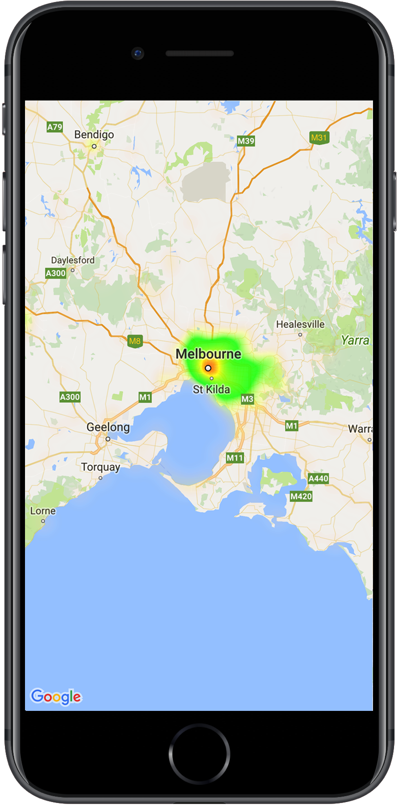 Eine Karte mit einer Heatmap, auf der die Standorte von Polizeidienststellen zu sehen sind