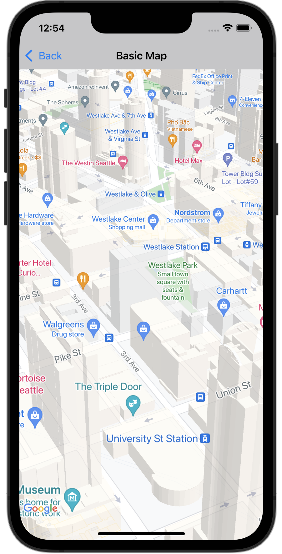 Um mapa 3D de edifícios em Seattle, Washington.