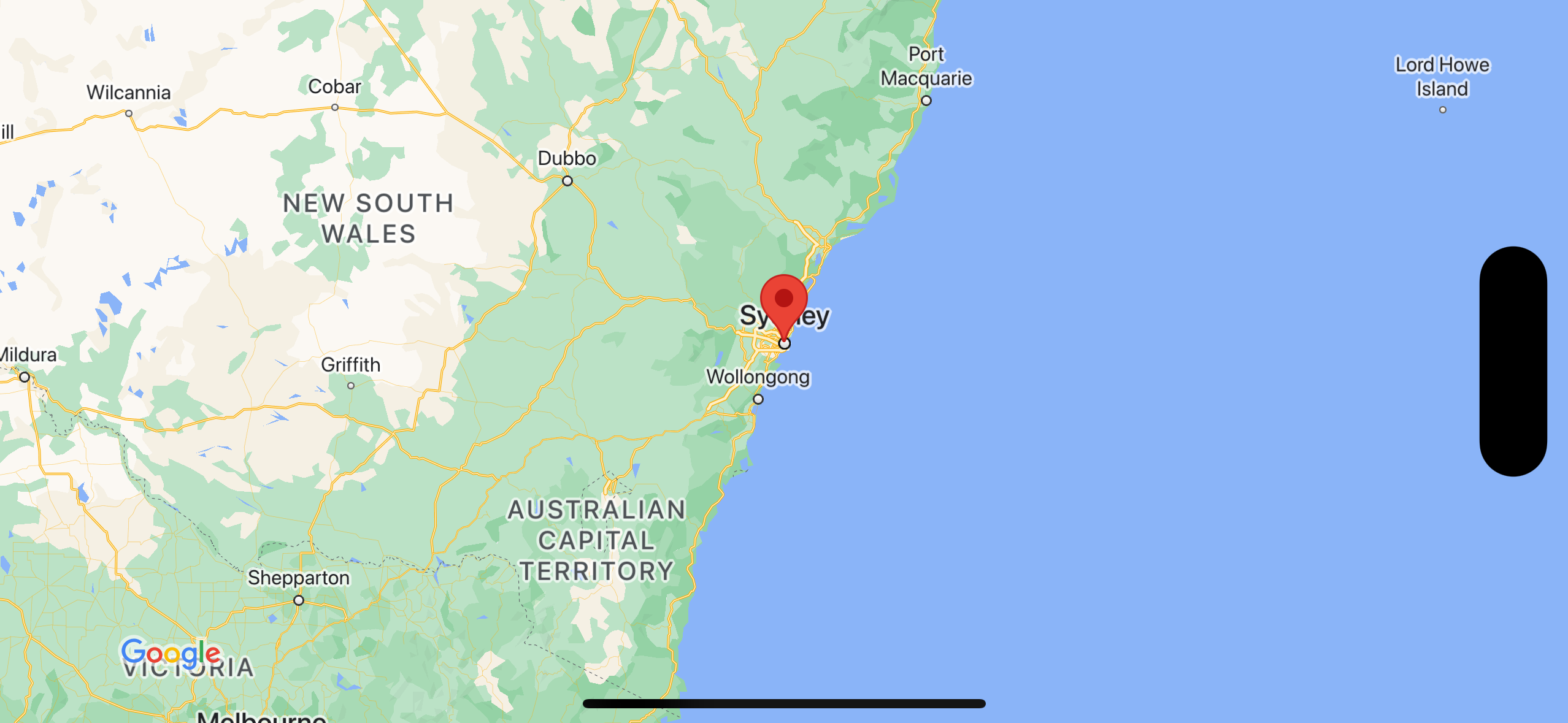 Screenshot, der eine Karte mit einer Markierung über Sydney zeigt