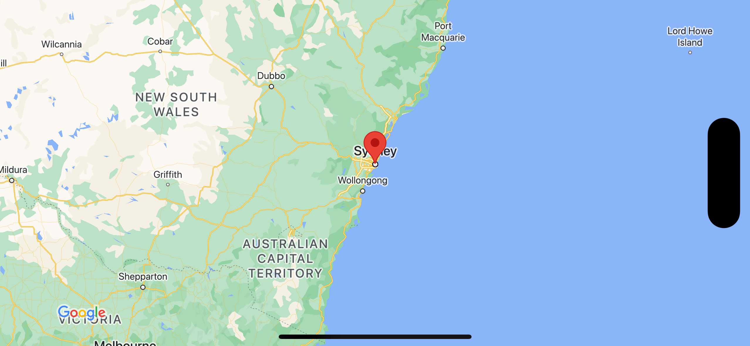 Uma captura de tela mostrando um mapa com um marcador sobre Sydney