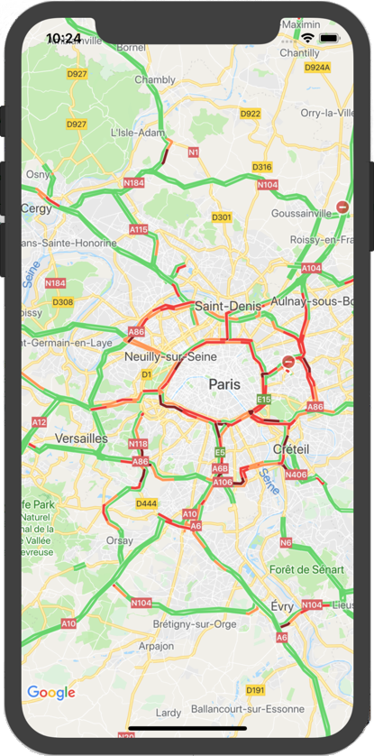 Eine Google-Karte mit
der Verkehrslagenebene