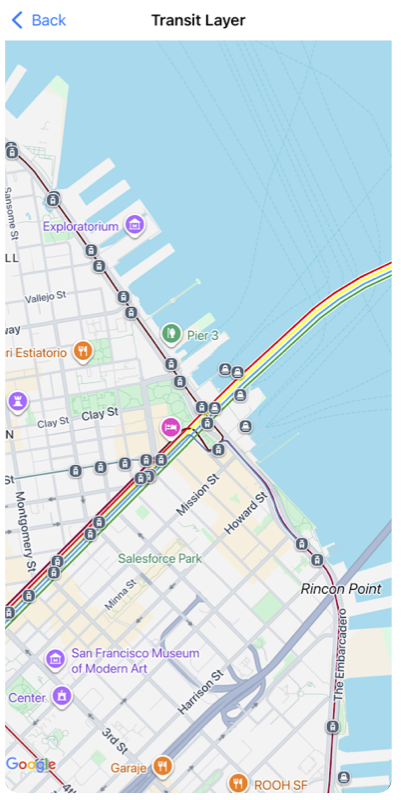 Um mapa do Google mostrando a camada de transporte público
