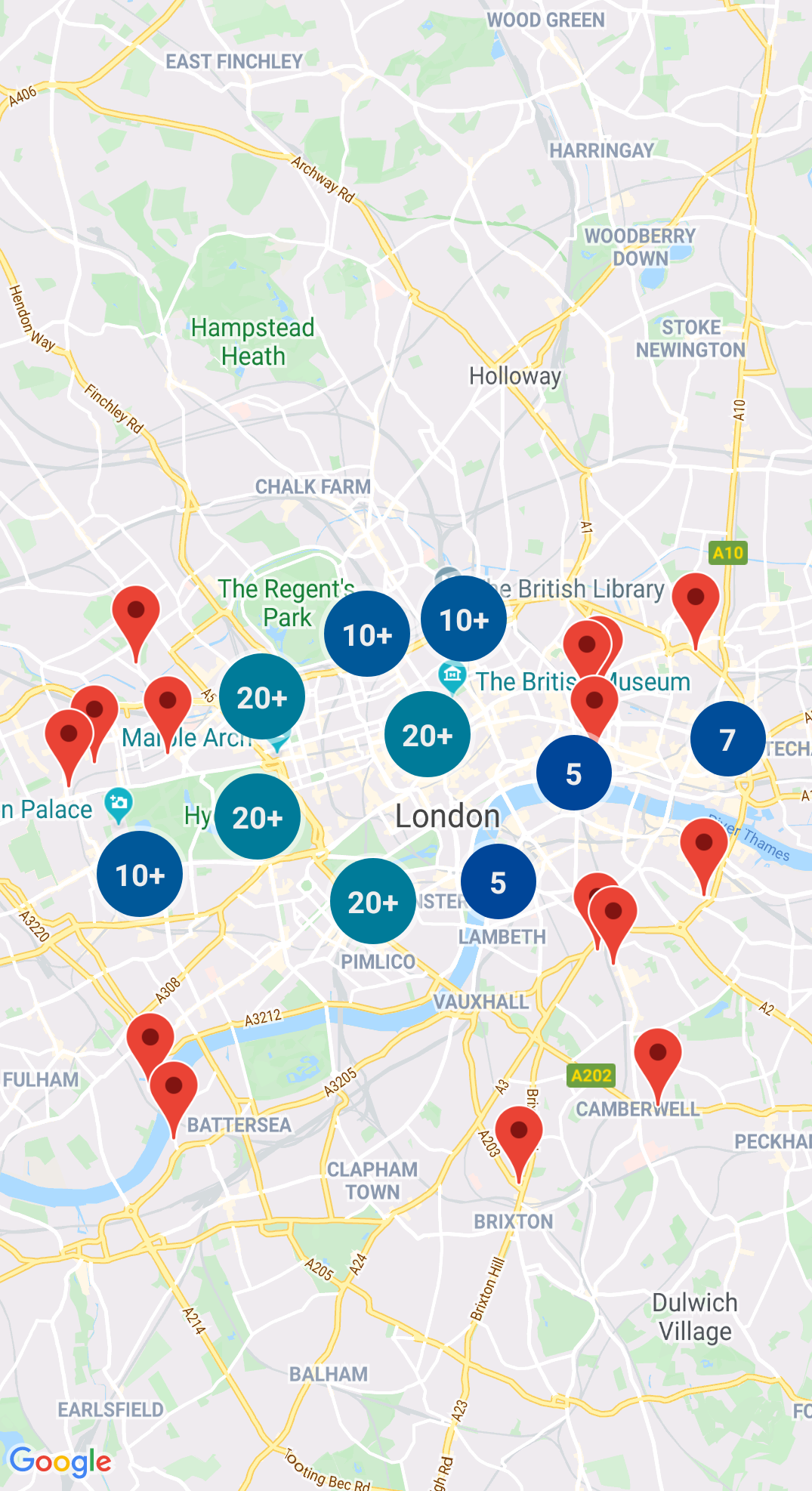 Mapa ze zgrupowanymi znacznikami w stylu domyślnym