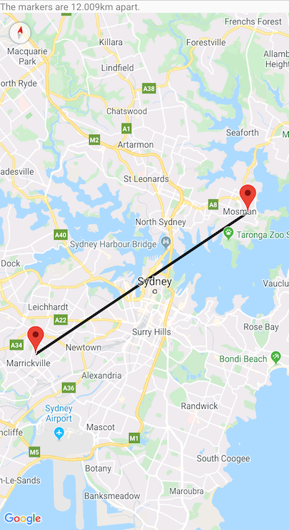 Um mapa mostrando a distância entre as coordenadas