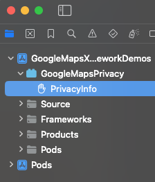 צילום מסך של פרטי הפרטיות של Xcode