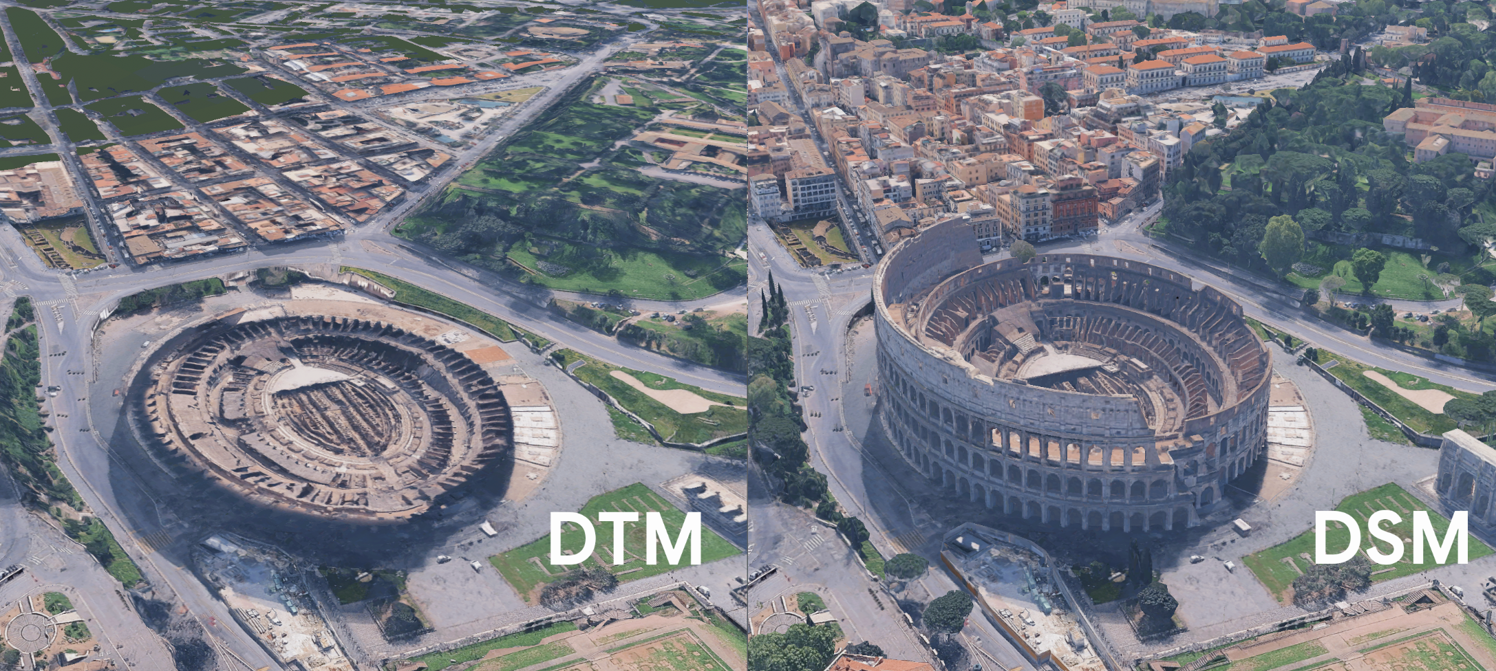 Image showing side-by-side DTM and DSM views of the Eiffel tower and Paris