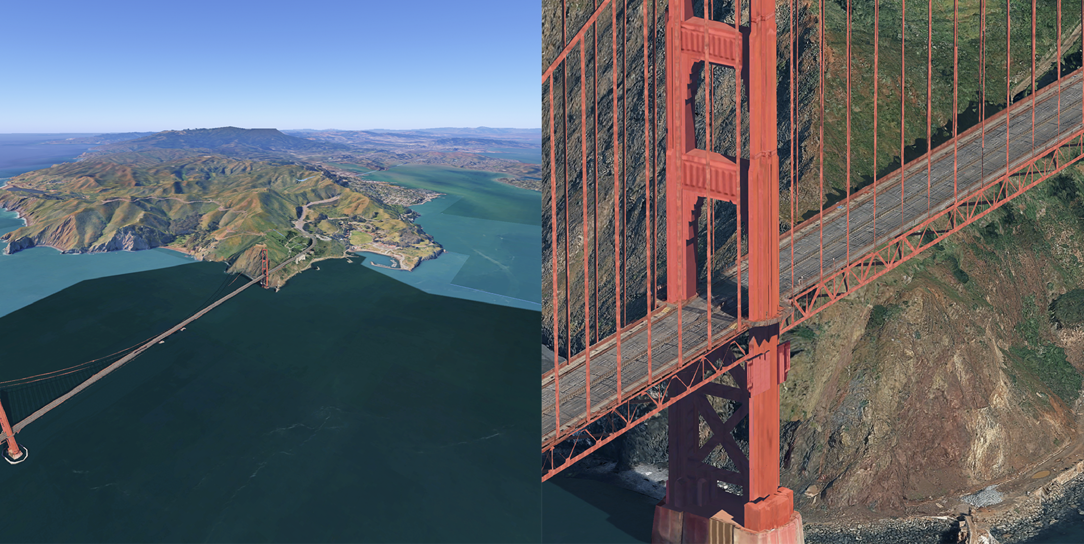 Comparación en paralelo de dos renderizaciones aéreas en 3D del puente Golden Gate. En el lado izquierdo, se muestra una vista panorámica de todo el tramo del puente y de Marin Headlands. En el lado derecho, se muestra un primer plano extremo de una torre de suspensión roja y la plataforma del puente en un ángulo descendente pronunciado.