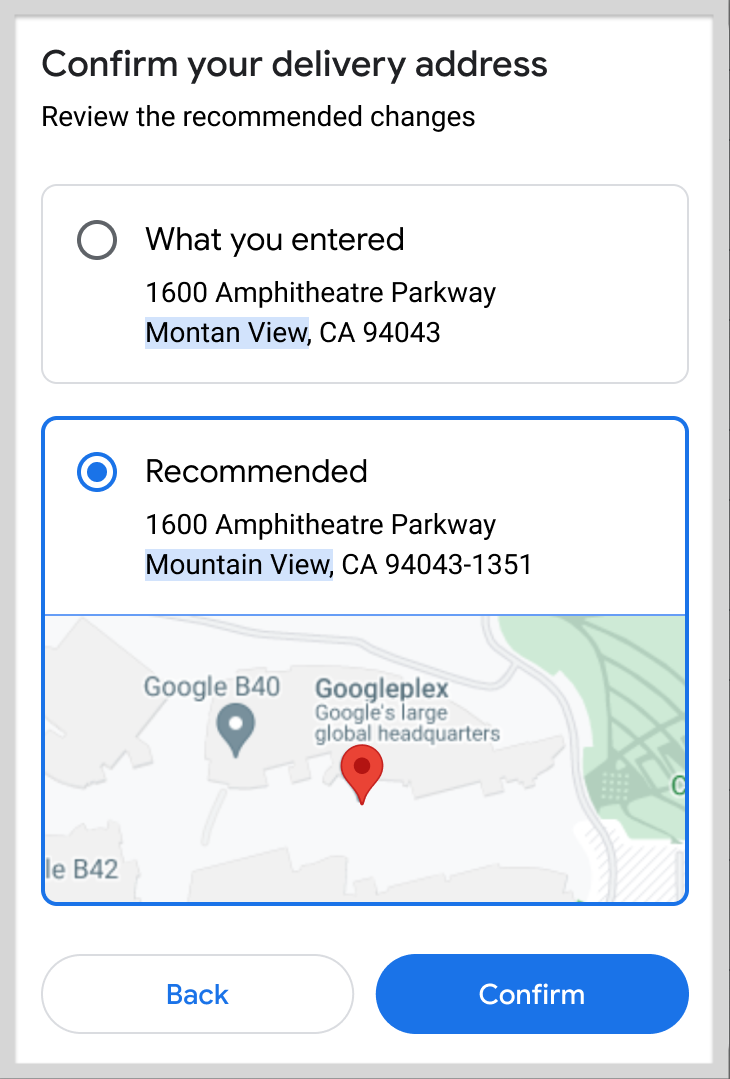 The customer can confirm the corrected address.