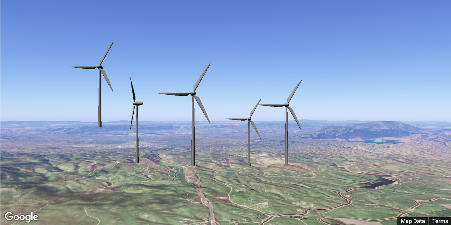 Bild von Windmühlen in einer 3D-Karte