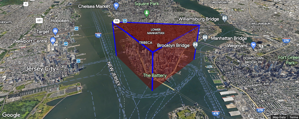 Prisma triangular de color rojo con bordes azules que encierra la parte sur de Manhattan con una altitud de 1,000 metros