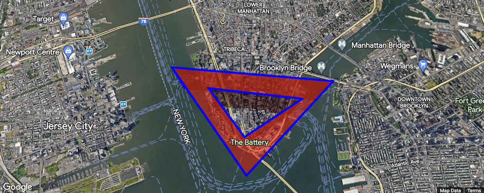 Polygone rouge triangulaire avec un trou au milieu et des bords bleus autour de Lower Manhattan