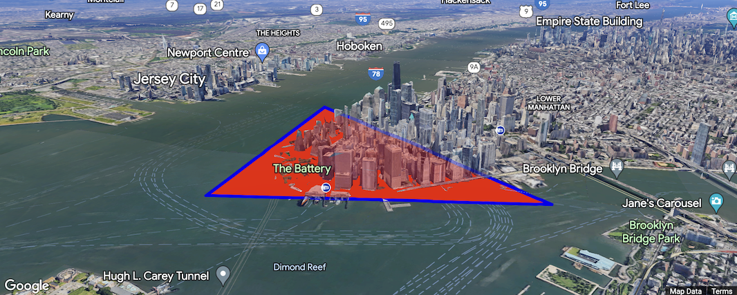 Poligon merah segitiga dengan tepi biru di sekitar Lower Manhattan
