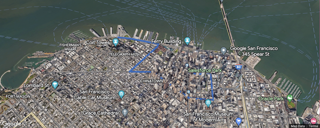 Перекрытая ломаная линия, отображающая произвольный маршрут, проходящий по центру Сан-Франциско