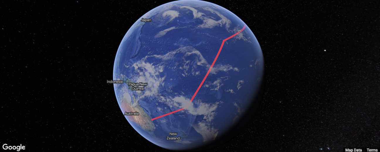 Polyline merah digambar di permukaan bumi