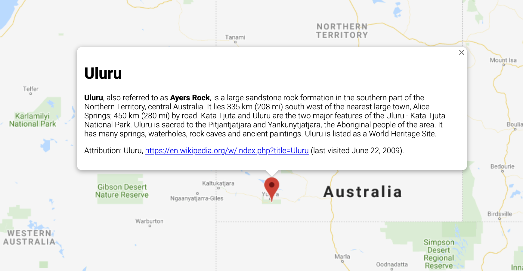 Okno InfoWindow wyświetlające informacje o lokalizacji w Australii.