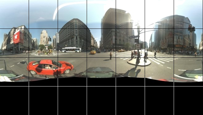 Panorama view of a city street divided into tiles