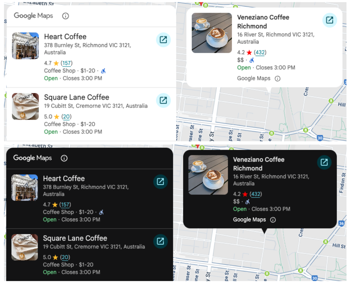 हल्के और गहरे रंग वाले मोड में Places UI Kit के एलिमेंट