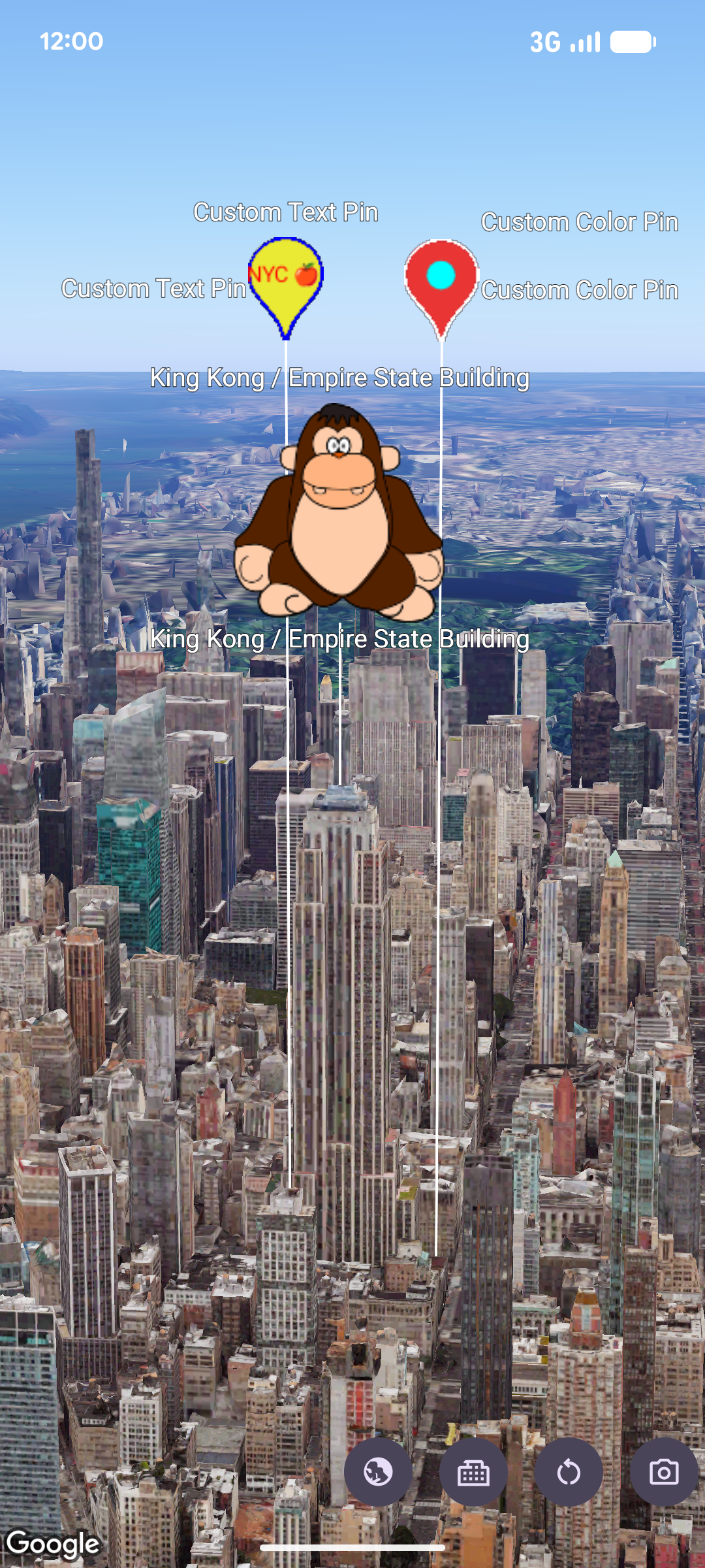 New York City'nin 3D görüntüsünde Empire State Binası ve üzerinde üç özel dijital işaretçi yer alıyor. Bu işaretçilerden biri, "King Kong" yazılı bir çizgi film gorilini gösteriyor. 
