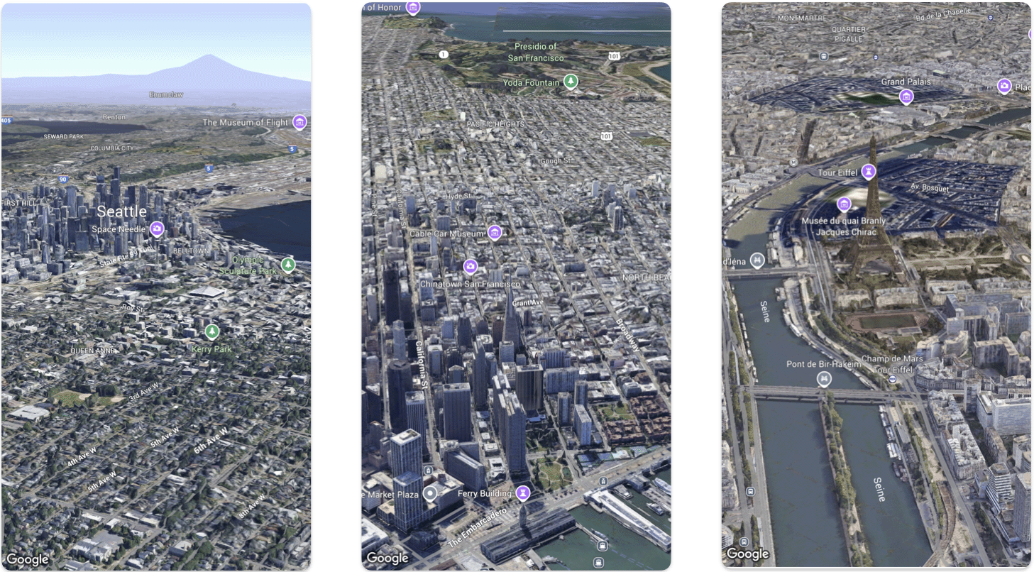 Mapas básicos de Seattle, San Francisco y París